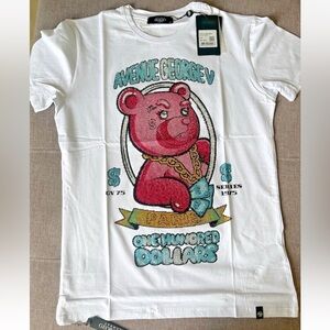 Avenue George V Paris T-Shirt Luxury White Short Sleeve Shirt Rhinestone XL NWT